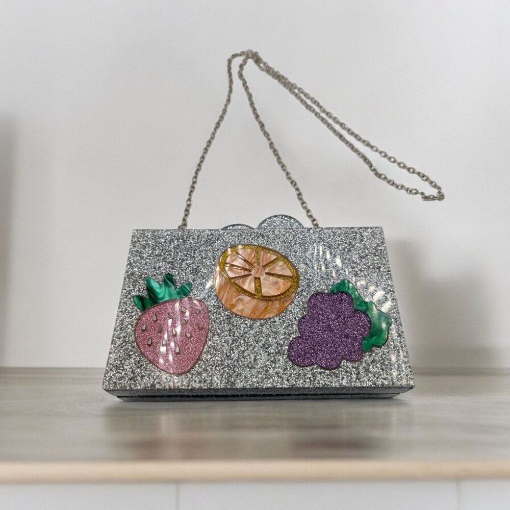 BARI LYNN Fruit Box Clutch Bag Chain Strap Acrylic Hard Sided Glitter